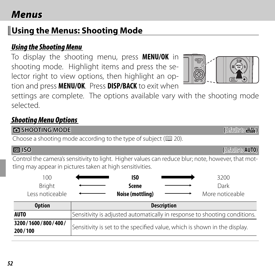 Menus, Using the menus: shooting mode | FujiFilm FINEPIX  JZ200 series User Manual | Page 66 / 114