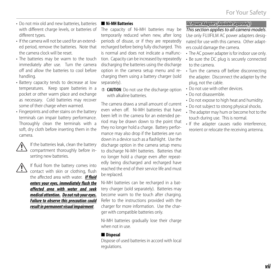 Vii for your safety | FujiFilm FINEPIX  JZ200 series User Manual | Page 7 / 114