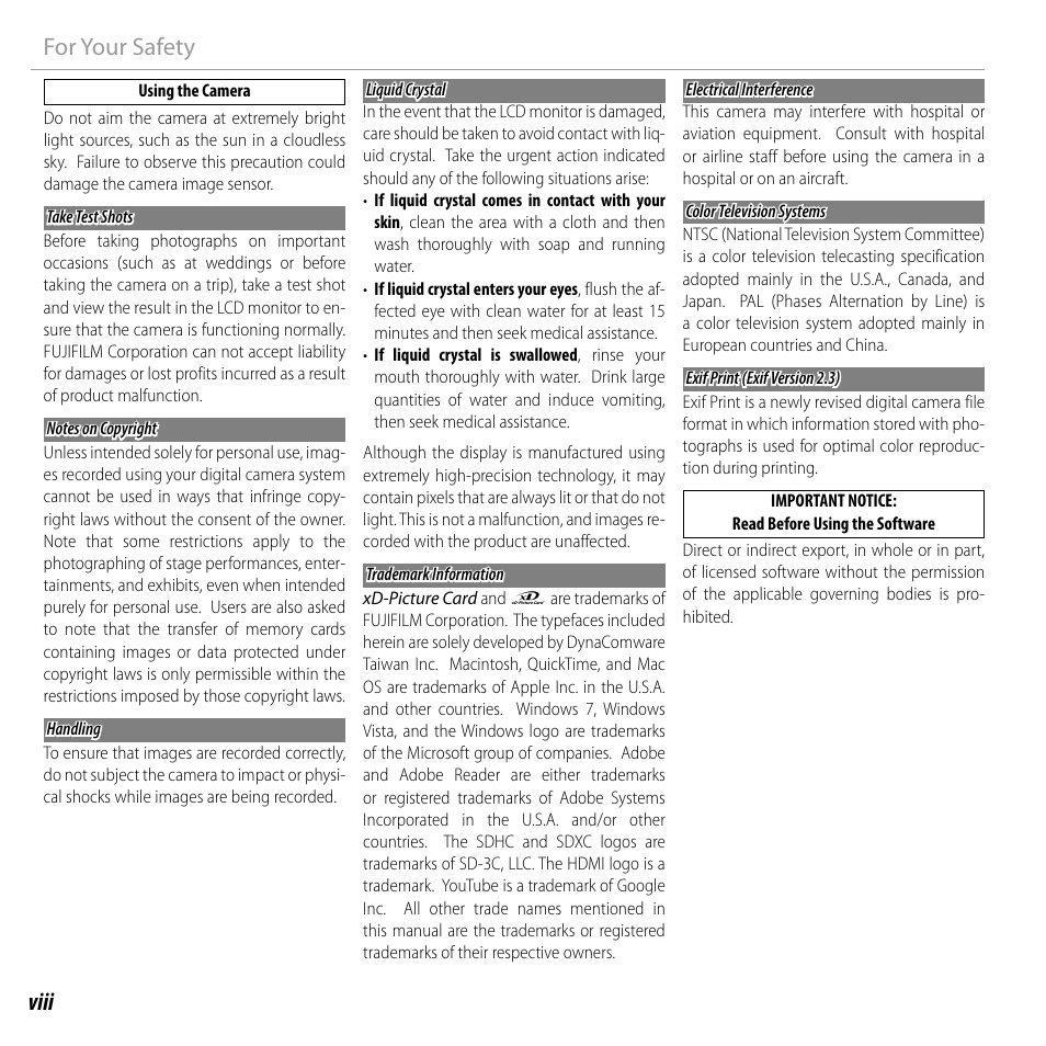 Viii for your safety | FujiFilm FINEPIX  JZ200 series User Manual | Page 8 / 114