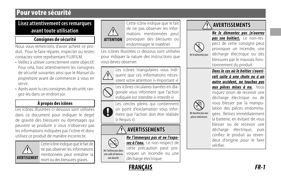 Pour votre sécurité, Fr-1 français | FujiFilm FUJINON LENS XF18MMF2 R User Manual | Page 15 / 112