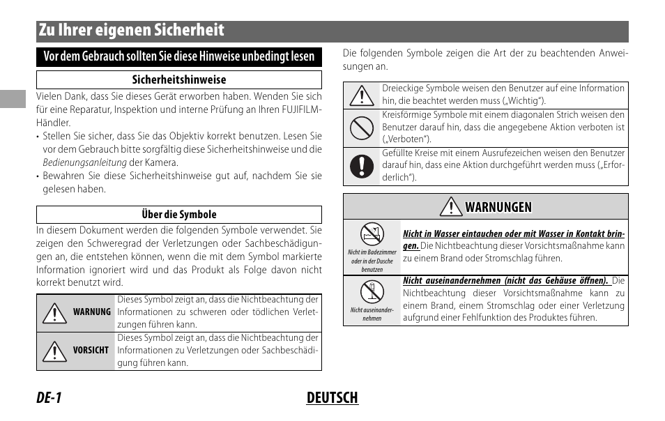 Zu ihrer eigenen sicherheit, De-1 deutsch | FujiFilm FUJINON LENS XF18MMF2 R User Manual | Page 22 / 112