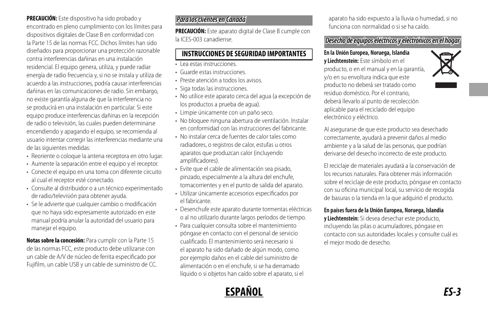 Es-3 español | FujiFilm FUJINON LENS XF18MMF2 R User Manual | Page 31 / 112