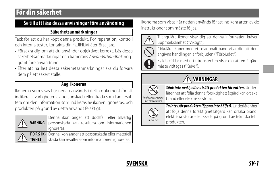 För din säkerhet, Sv-1 svenska | FujiFilm FUJINON LENS XF18MMF2 R User Manual | Page 43 / 112