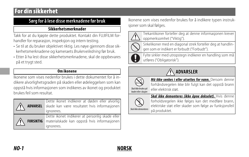 For din sikkerhet, No-1 norsk | FujiFilm FUJINON LENS XF18MMF2 R User Manual | Page 50 / 112