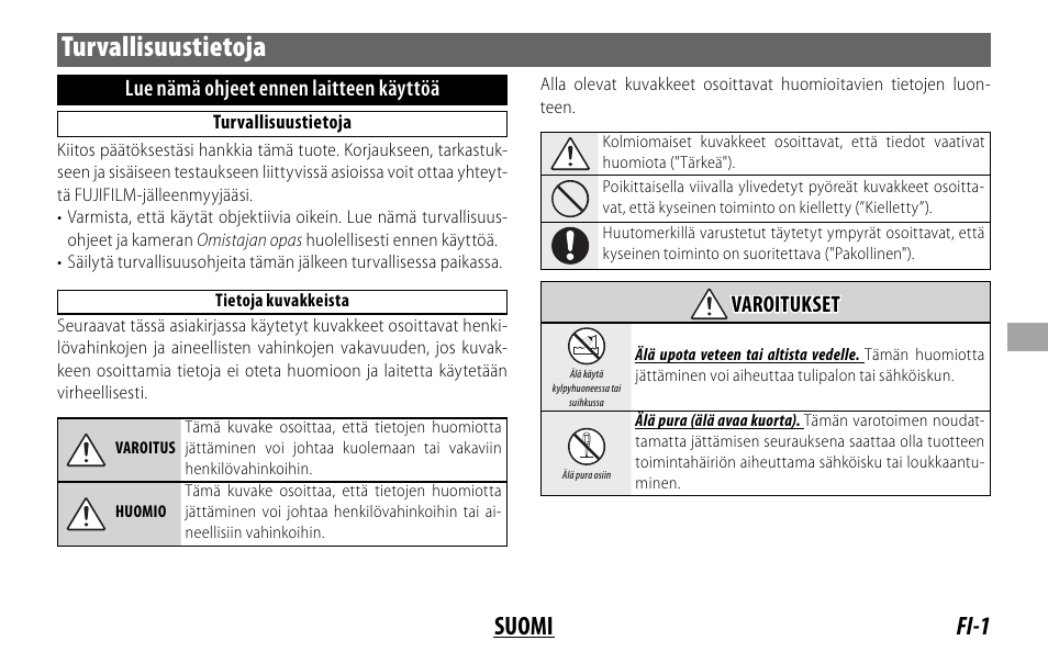 Turvallisuustietoja, Fi-1 suomi | FujiFilm FUJINON LENS XF18MMF2 R User Manual | Page 57 / 112