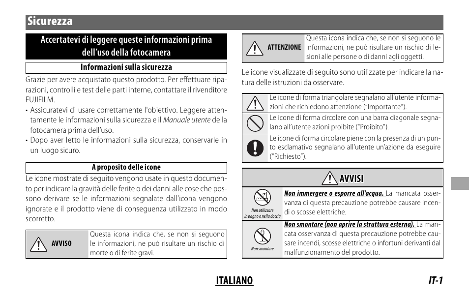 Sicurezza, It-1 italiano | FujiFilm FUJINON LENS XF18MMF2 R User Manual | Page 71 / 112