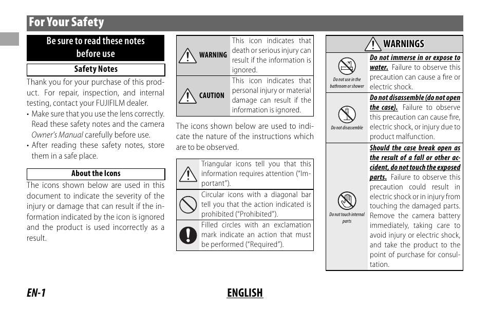 For your safety, En-1 english | FujiFilm FUJINON LENS XF18MMF2 R User Manual | Page 8 / 112