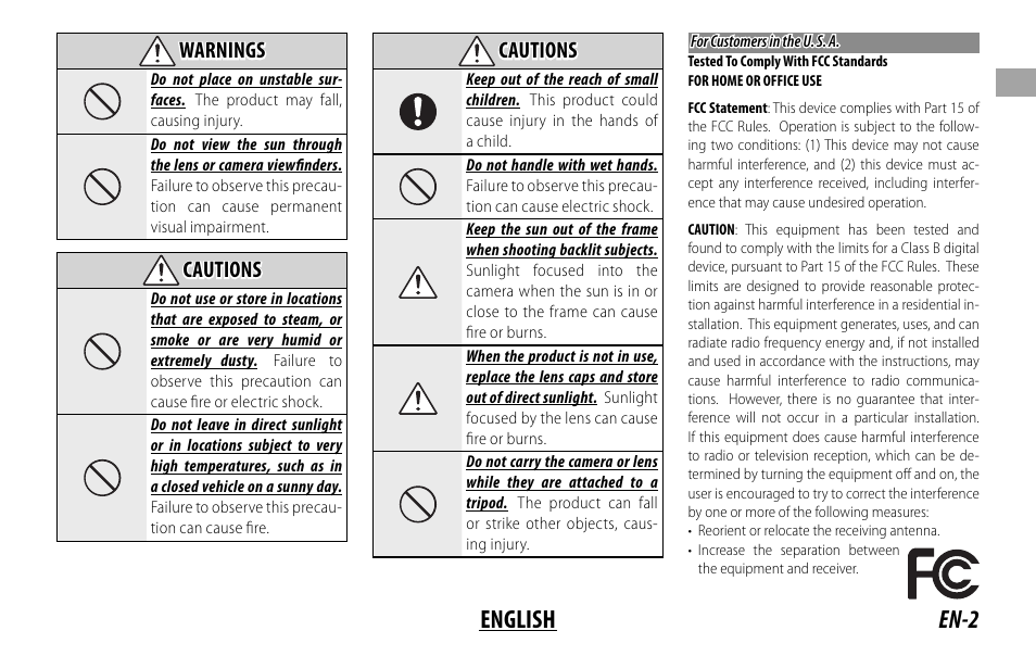 En-2 english | FujiFilm FUJINON LENS XF18MMF2 R User Manual | Page 9 / 112