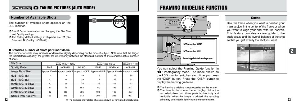 Framing guideline function, Q taking pictures (auto mode), Number of available shots | FujiFilm FinePix A201 User Manual | Page 12 / 44
