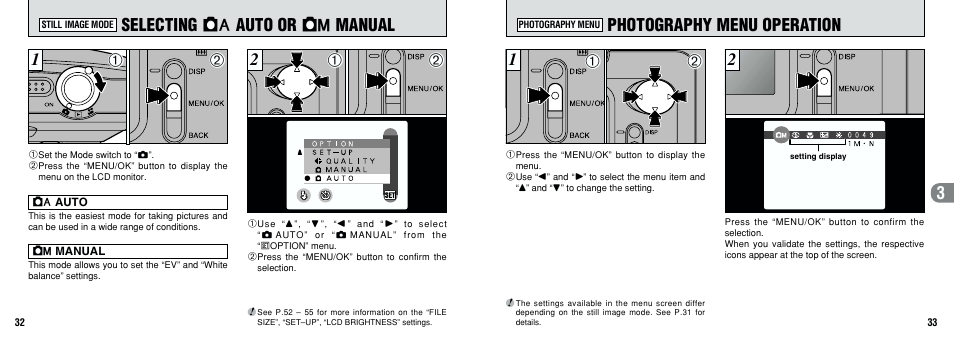 3photography menu operation, 2selecting 1 auto or 2 manual | FujiFilm FinePix A201 User Manual | Page 17 / 44