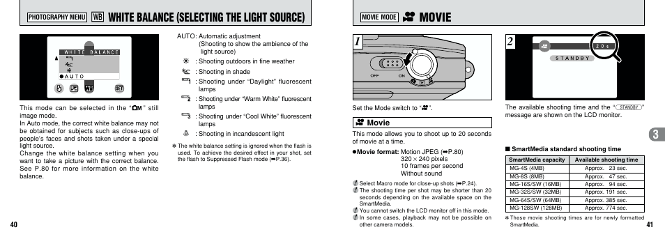 3e movie, S white balance (selecting the light source) | FujiFilm FinePix A201 User Manual | Page 21 / 44