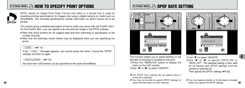 How to specify print options, Dpof date setting | FujiFilm FinePix A201 User Manual | Page 25 / 44