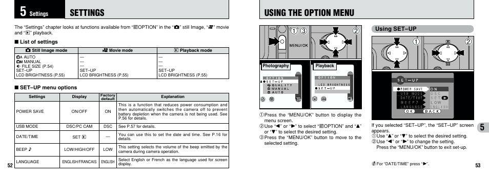 5using the option menu, Settings | FujiFilm FinePix A201 User Manual | Page 27 / 44