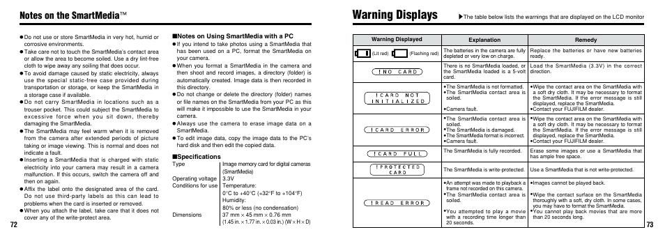 Warning displays | FujiFilm FinePix A201 User Manual | Page 37 / 44