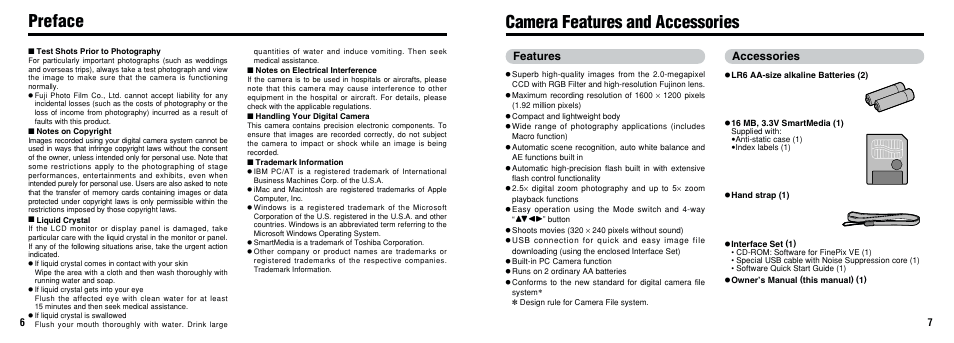 Camera features and accessories, Preface, Features accessories | FujiFilm FinePix A201 User Manual | Page 4 / 44