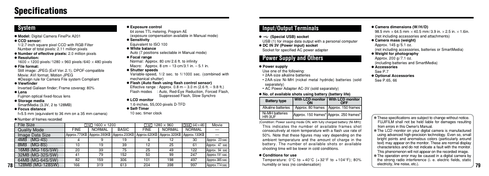 Specifications, Input/output terminals power supply and others, System | FujiFilm FinePix A201 User Manual | Page 40 / 44