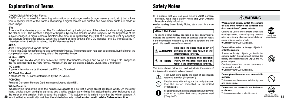 Explanation of terms, Warning | FujiFilm FinePix A201 User Manual | Page 41 / 44