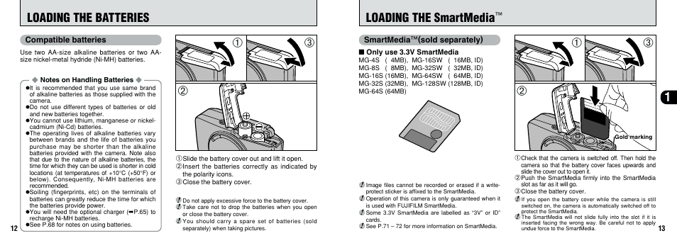 1loading the smartmedia, Loading the batteries | FujiFilm FinePix A201 User Manual | Page 7 / 44