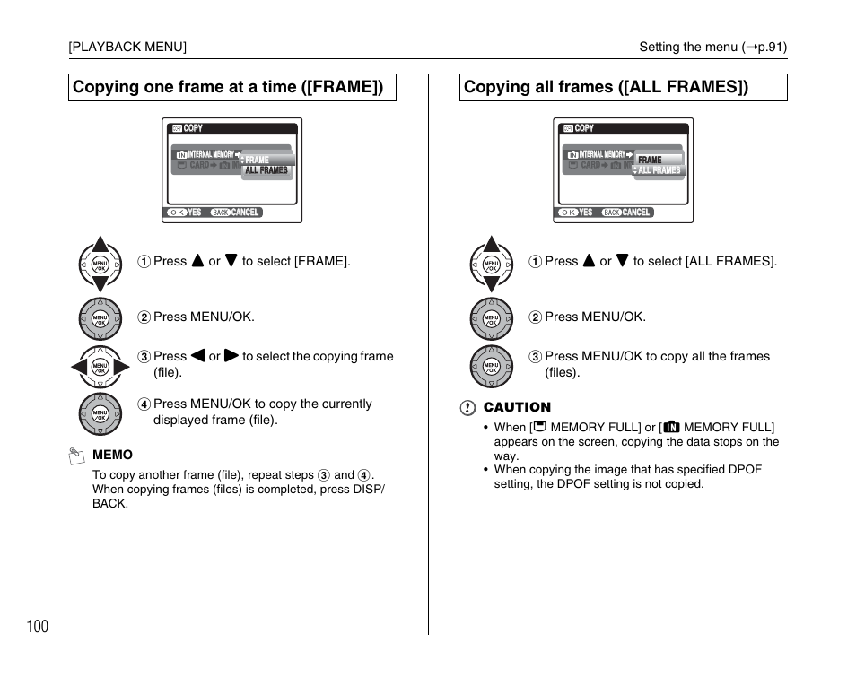 Copying one frame at a time ([frame]), Copying all frames ([all frames]) | FujiFilm FinePix BL00677-200(1) User Manual | Page 100 / 166