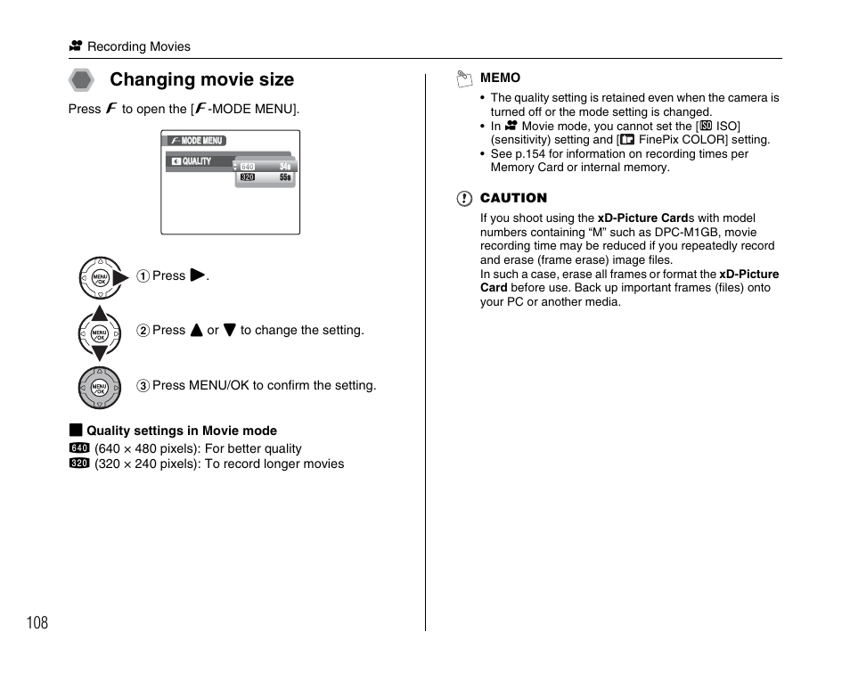 Changing movie size | FujiFilm FinePix BL00677-200(1) User Manual | Page 108 / 166