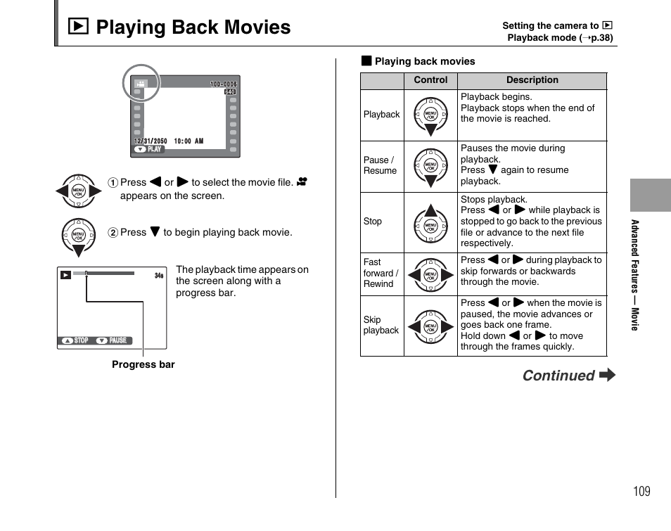 W playing back movies, Continued q | FujiFilm FinePix BL00677-200(1) User Manual | Page 109 / 166
