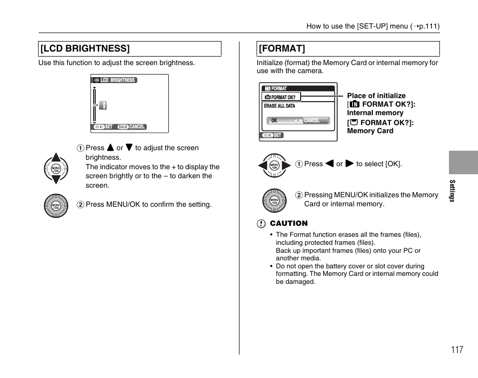 Lcd brightness, Format | FujiFilm FinePix BL00677-200(1) User Manual | Page 117 / 166