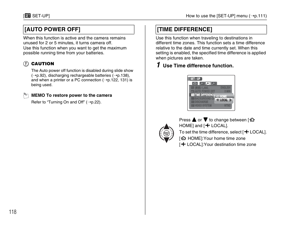 Auto power off] [time difference, Use time difference function | FujiFilm FinePix BL00677-200(1) User Manual | Page 118 / 166