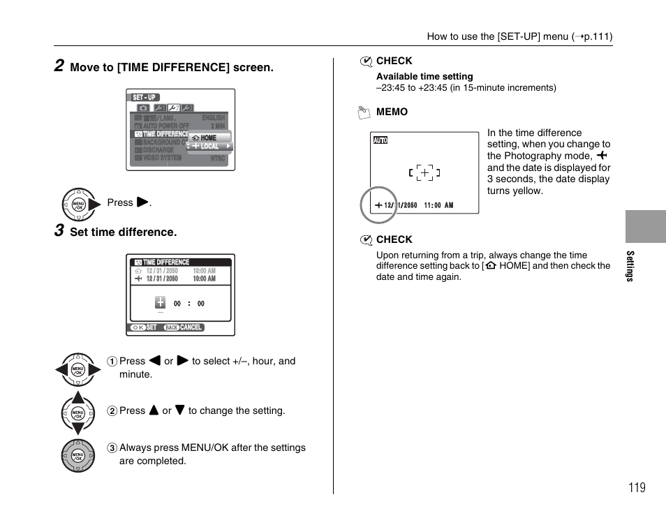 Move to [time difference] screen, Set time difference | FujiFilm FinePix BL00677-200(1) User Manual | Page 119 / 166