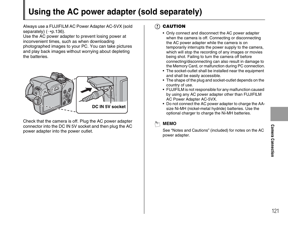 Using the ac power adapter (sold separately) | FujiFilm FinePix BL00677-200(1) User Manual | Page 121 / 166