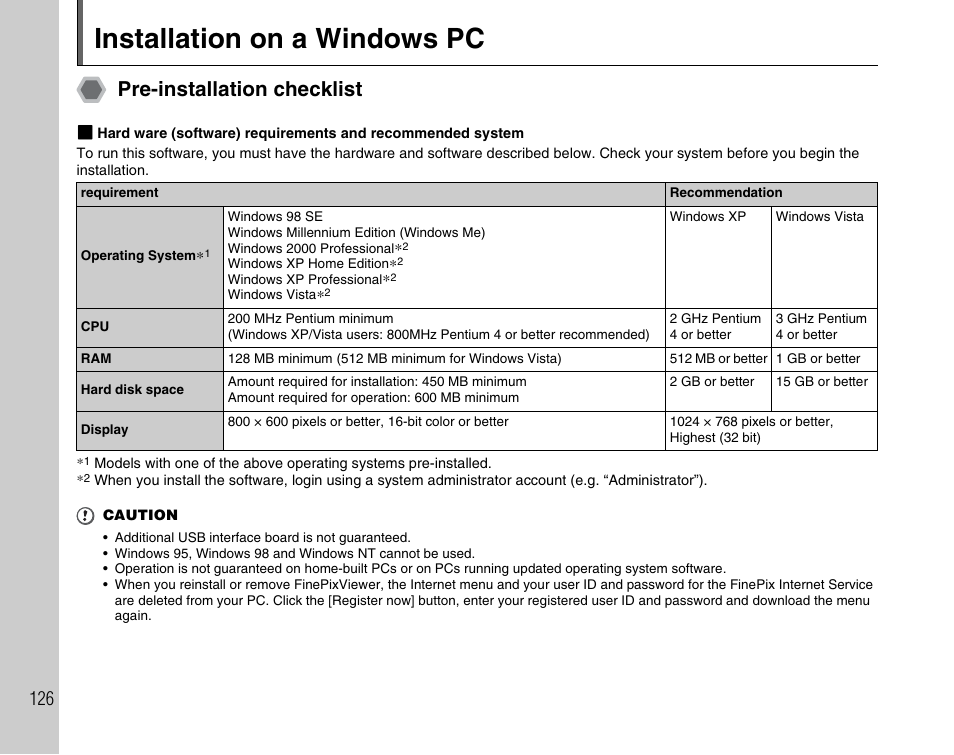 Installation on a windows pc, Pre-installation checklist | FujiFilm FinePix BL00677-200(1) User Manual | Page 126 / 166