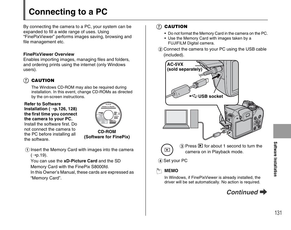 Connecting to a pc, Continued q | FujiFilm FinePix BL00677-200(1) User Manual | Page 131 / 166