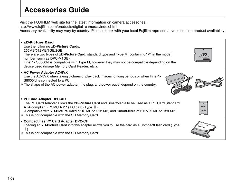 Accessories guide | FujiFilm FinePix BL00677-200(1) User Manual | Page 136 / 166