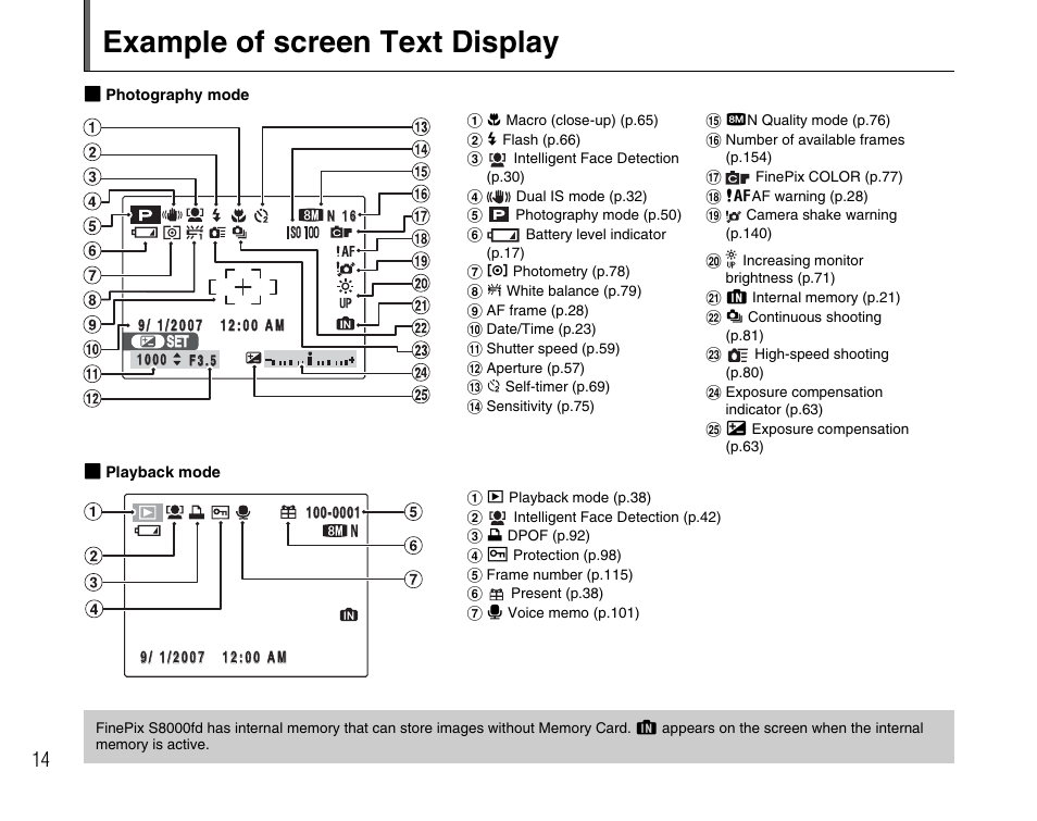 Example of screen text display | FujiFilm FinePix BL00677-200(1) User Manual | Page 14 / 166