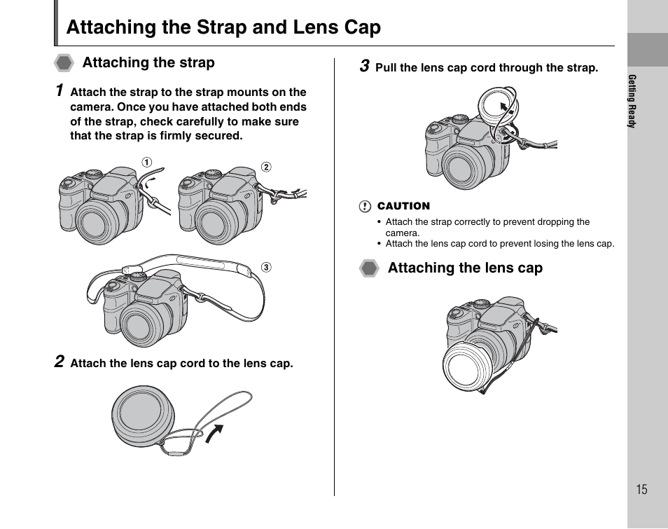 Attaching the strap and lens cap | FujiFilm FinePix BL00677-200(1) User Manual | Page 15 / 166