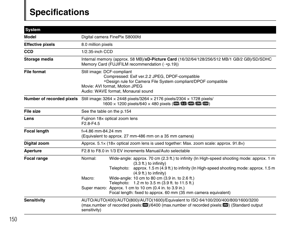 Specifications | FujiFilm FinePix BL00677-200(1) User Manual | Page 150 / 166