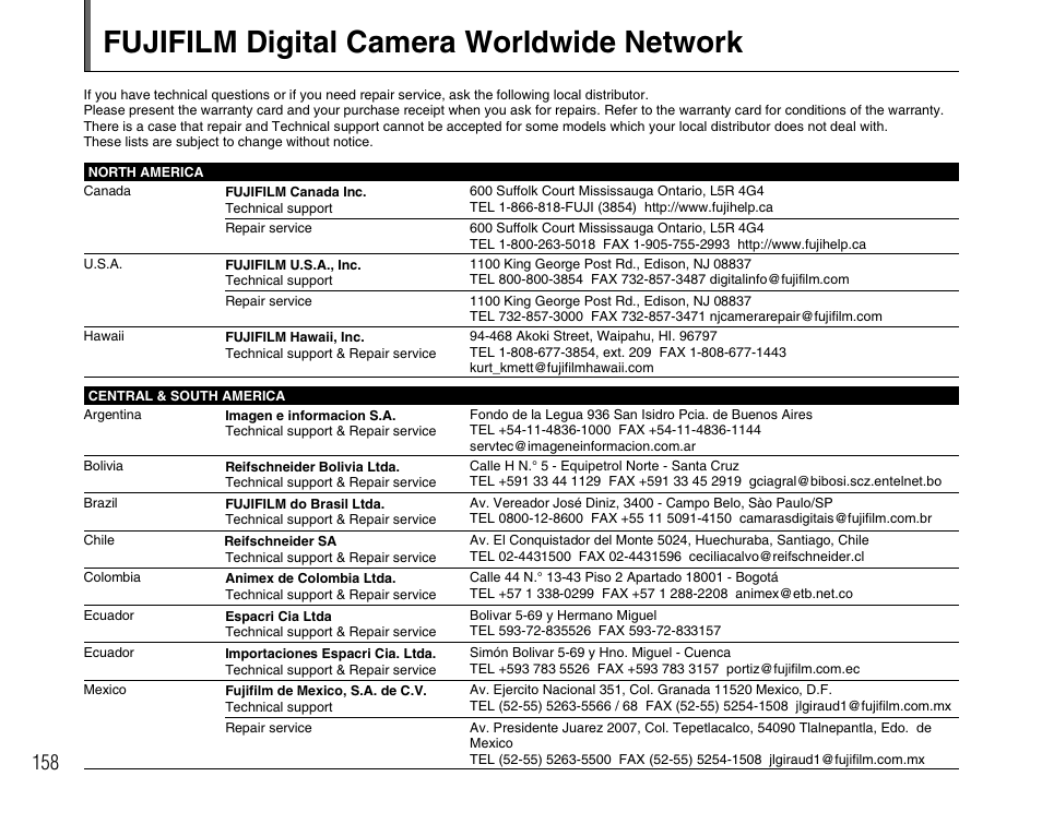 Fujifilm digital camera worldwide network | FujiFilm FinePix BL00677-200(1) User Manual | Page 158 / 166