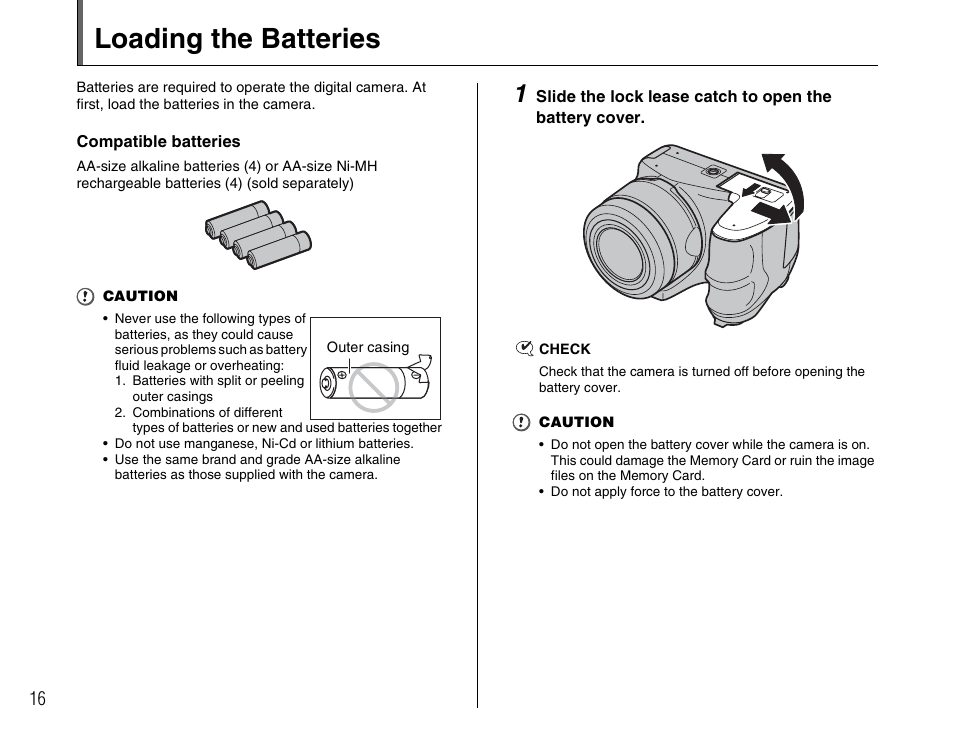 Loading the batteries | FujiFilm FinePix BL00677-200(1) User Manual | Page 16 / 166