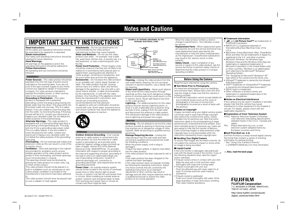Important safety instructions, Before using the camera | FujiFilm FinePix BL00677-200(1) User Manual | Page 165 / 166