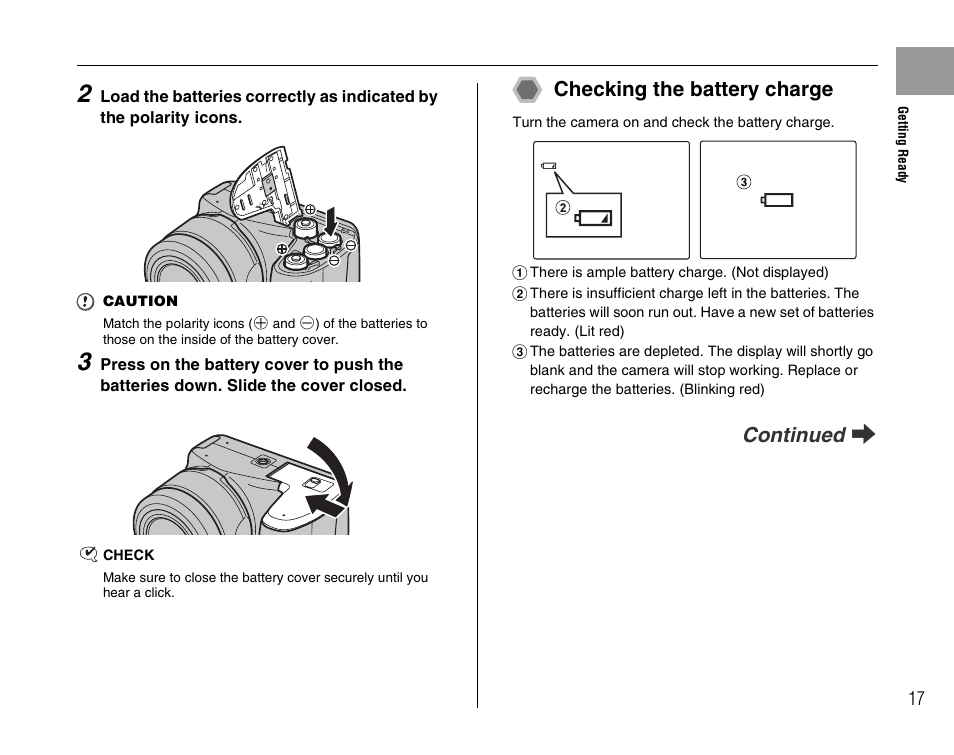 Checking the battery charge, Continued q | FujiFilm FinePix BL00677-200(1) User Manual | Page 17 / 166