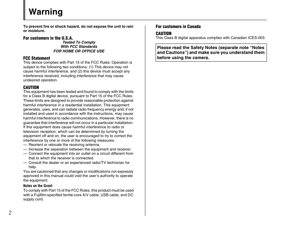 Warning | FujiFilm FinePix BL00677-200(1) User Manual | Page 2 / 166