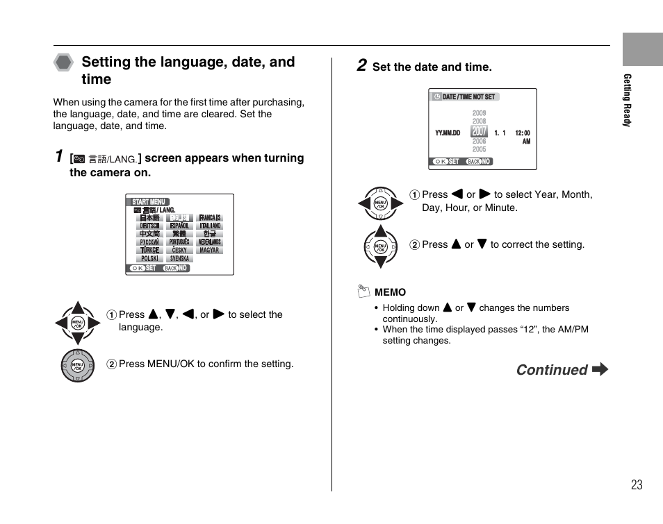 Setting the language, date, and time, Continued q | FujiFilm FinePix BL00677-200(1) User Manual | Page 23 / 166