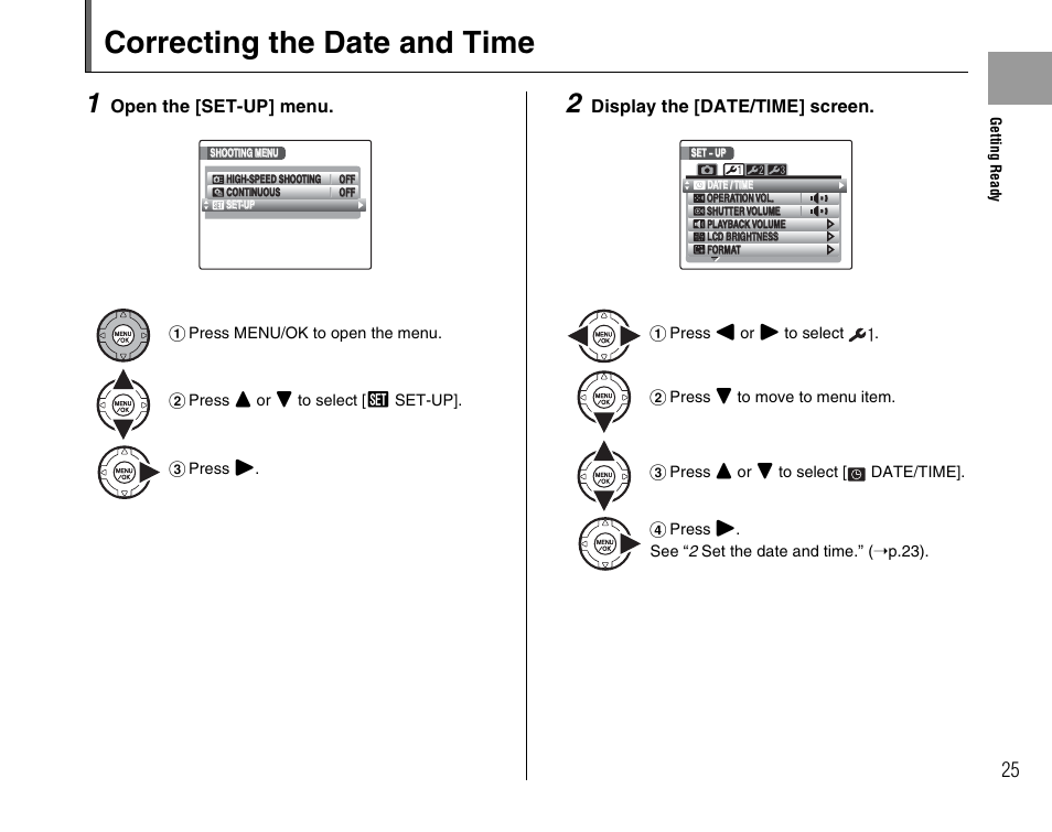 Correcting the date and time | FujiFilm FinePix BL00677-200(1) User Manual | Page 25 / 166