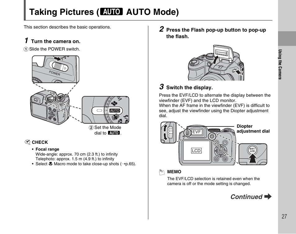 Taking pictures ( b auto mode), Continued q | FujiFilm FinePix BL00677-200(1) User Manual | Page 27 / 166