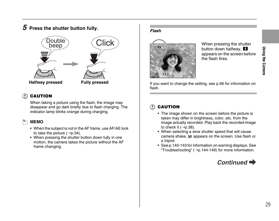 Click, Continued q, Double beep | FujiFilm FinePix BL00677-200(1) User Manual | Page 29 / 166