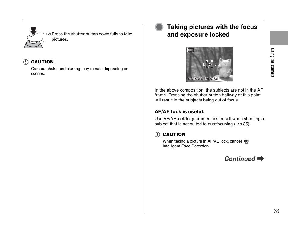 Taking pictures with the focus and exposure locked, Continued q, Af/ae lock is useful | FujiFilm FinePix BL00677-200(1) User Manual | Page 33 / 166