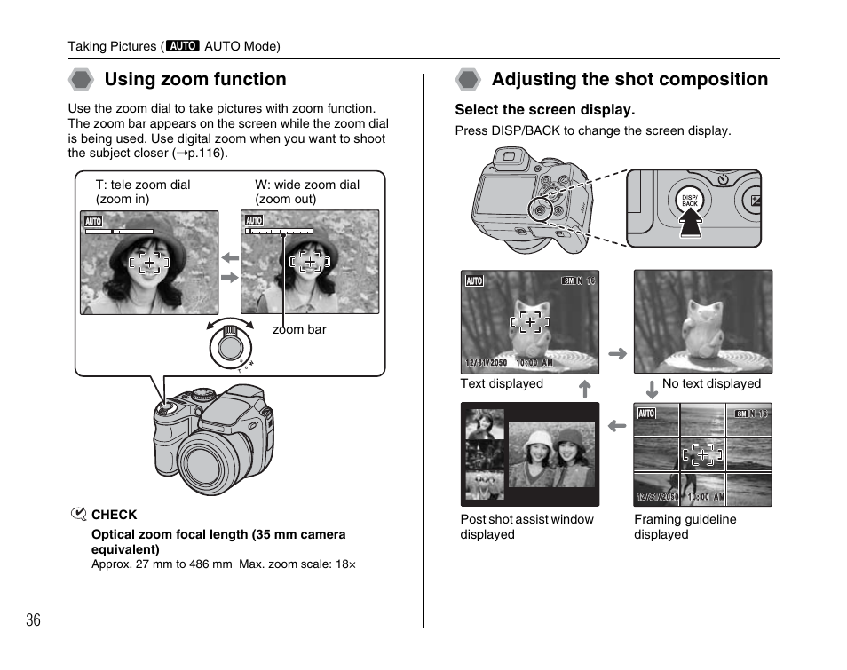 Using zoom function, Adjusting the shot composition, Select the screen display | FujiFilm FinePix BL00677-200(1) User Manual | Page 36 / 166