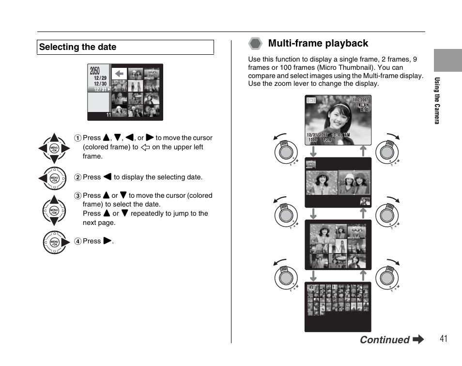 Multi-frame playback, Continued q, Selecting the date | FujiFilm FinePix BL00677-200(1) User Manual | Page 41 / 166