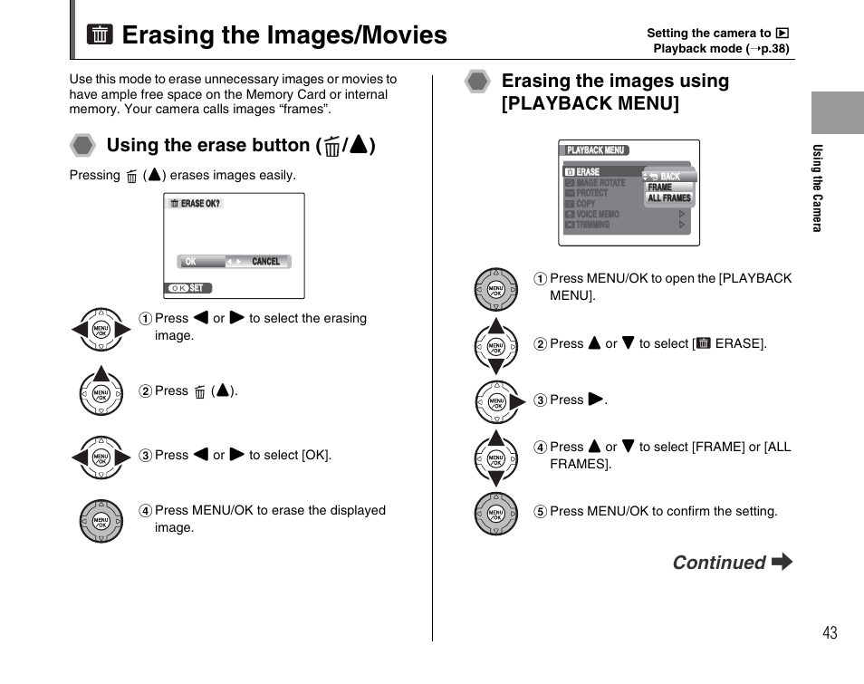 Erasing the images/movies, Using the erase button ( / n ) | FujiFilm FinePix BL00677-200(1) User Manual | Page 43 / 166