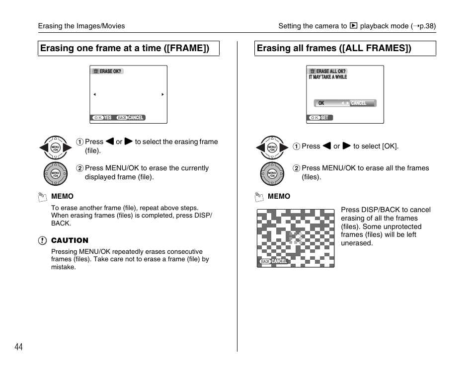 Erasing one frame at a time ([frame]), Erasing all frames ([all frames]) | FujiFilm FinePix BL00677-200(1) User Manual | Page 44 / 166