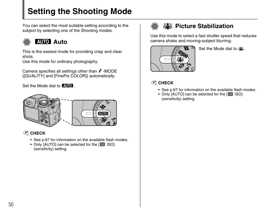 Setting the shooting mode, B auto, Picture stabilization | FujiFilm FinePix BL00677-200(1) User Manual | Page 50 / 166